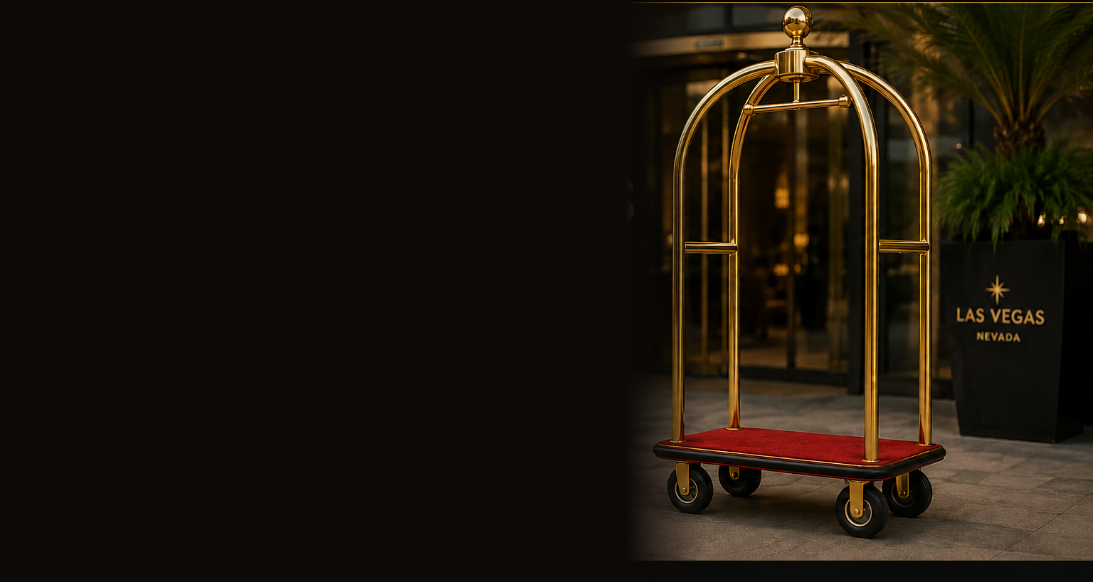 Brass bellman cart at a luxury Las Vegas hotel entrance