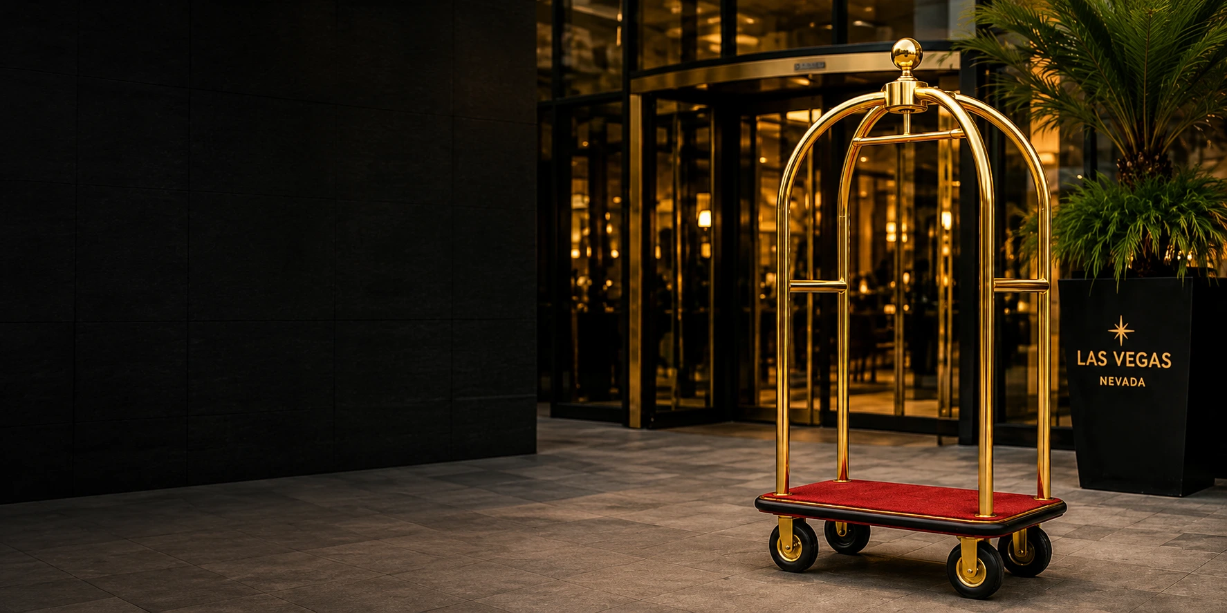 Brass bellman cart at a luxury Las Vegas hotel entrance
